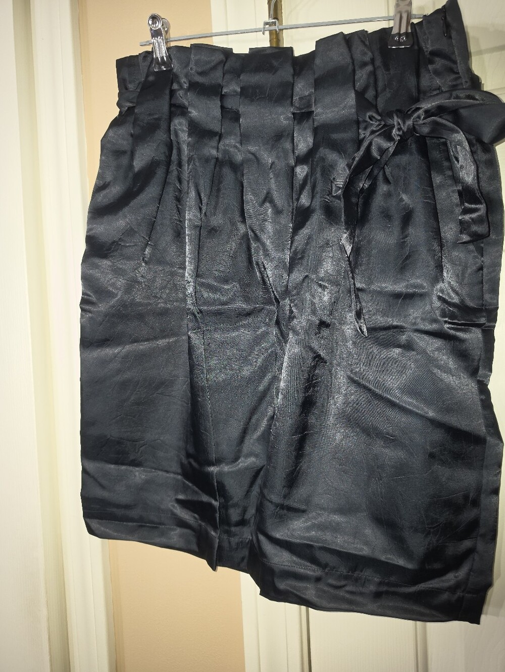 Satin Paperbag Waist Midi Skirt in Black